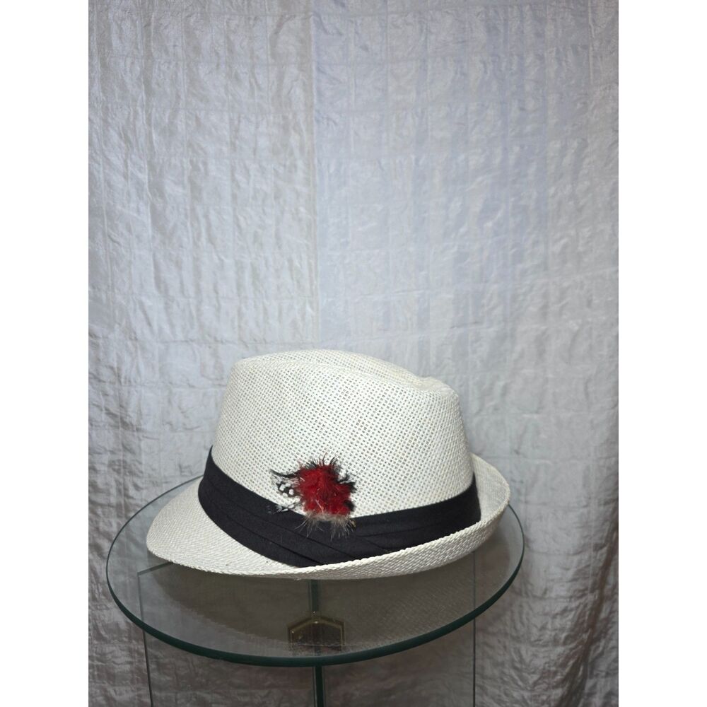 D&Y Woven Fedora Hat with Feather; Off White